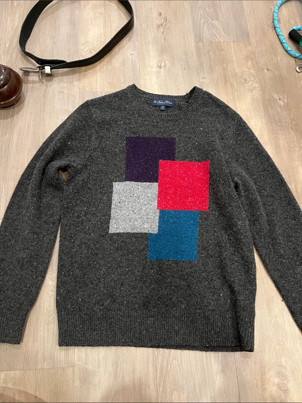 Brooks Brothers Wool Charcoal Crewneck Sweater with Colorblock Squares
